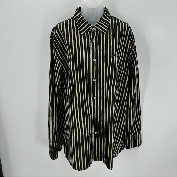 Marimekko Tops - MARIMEKKO Jokapoika Shirt Green Black Stripes Piccolo XL Oversized Metal Buttons